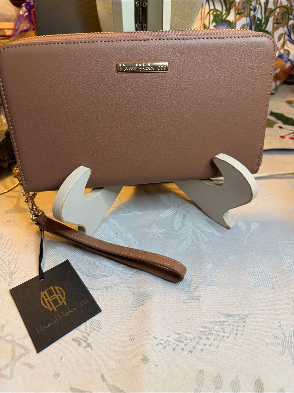 House of Harlow 1960 Leather Wristlet Clutch in Mauve Brown